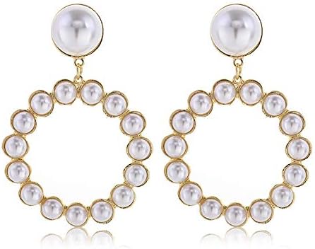Pearl Heart Hoop Dangle Earrings Imitation Pearl Love Heart Earrings Circle Beaded Loop Drop Earrings for Women Girls Elegant Jewelry (Gold Round)