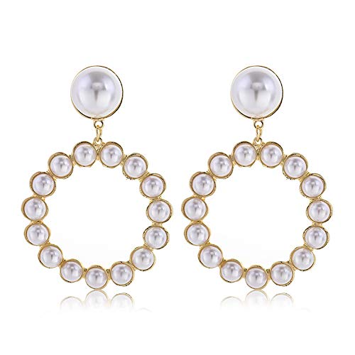 Pearl Heart Hoop Dangle Earrings Imitation Pearl Love Heart Earrings Circle Beaded Loop Drop Earrings For Women Girls Elegant Jewelry (Gold Round) #TOP1