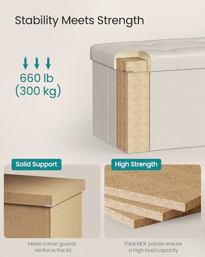 Image of SONGMICS Mazie Collection - 43 Inches Folding Storage Ottoman Bench, Ottoman with Storage, Foot Rest Stool, Load 660 lb, for Living Room, Synthetic Leather, Cream White ULSF70M