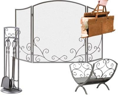 Panacea Flourishing Scrolls Fireplace Collection – Antique Iron Fireplace Screen Tool Set Log Bin and Leather Log Tote, Decorative Fireplace Accessories Set for Hearth Organization