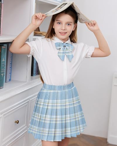 Image of Betusline Girls Skirt Set JK School Uniform 2-Piece Outfit - Short Sleeve Shirt with Bow & Pleated Skirt 4T-14Y