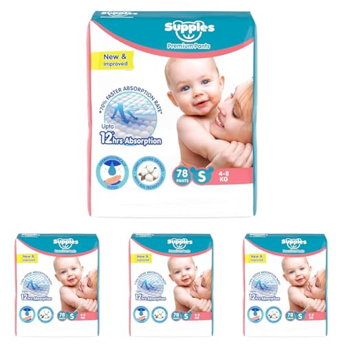 Image of Amazon Brand - Supples Premium Baby Diaper Pants | 78 Baby Diapers | Small | 4-8 Kg | 12 Hrs Absorption | Cushiony Cotton Soft Fabric | Phthalates-Free | Triple Leak Guard (Pack of 4)
