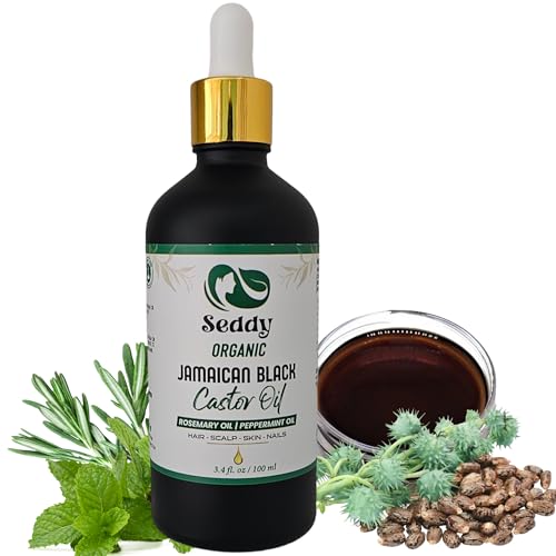 Image of Seddy Organic Jamaican Black Castor Oil with Rosemary & Peppermint - Cold-Pressed, Hexane-Free Hair Growth & Scalp Treatment Oil for Thicker, Stronger Hair, Edges & Beard - 3.4 fl oz