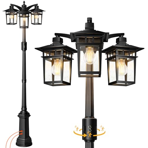 Motion Sensor Outdoor Lamp Post Light Fixture with GFCI Outlet,3-Head Dusk to Dawn Outdoor light post with bubble Glass,Aluminum Waterproof Light Poles Outdoor Lighting for Outside yard Garden Pathway