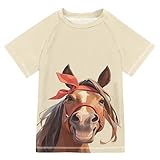 Wudan Cartoon Fun Horse Kids Bathing Suit Short Sleeves Girls Swimsuit with Rashguard Swimwears Tshirts for Teen Boy 9-10Y