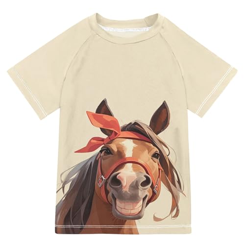 Wudan Cartoon Fun Horse Kids Bathing Suit Short Sleeves Girls Swimsuit with Rashguard Swimwears Tshirts for Teen Boy 9-10Y