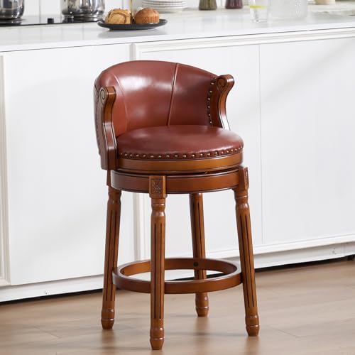 Image of Cow top Leather Wooden Bar Stools, 26.5 inch Counter Height Bar Chair with Back, 180 Degrees Swivel Barstools Chair for Home Kitchen Counter,Dining Room (Brown-1pc, Counter Height-Seat Height 26 inch)