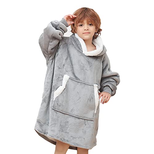 Xynhml Oversized Blanket Hoodie For Kids Flannel Sherpa Wearable Sweatshirt Blanket Snuggies Warm Plush Hooded Blanket With Huge Pocket And Elastic Sleeve Light Grey #TOP1
