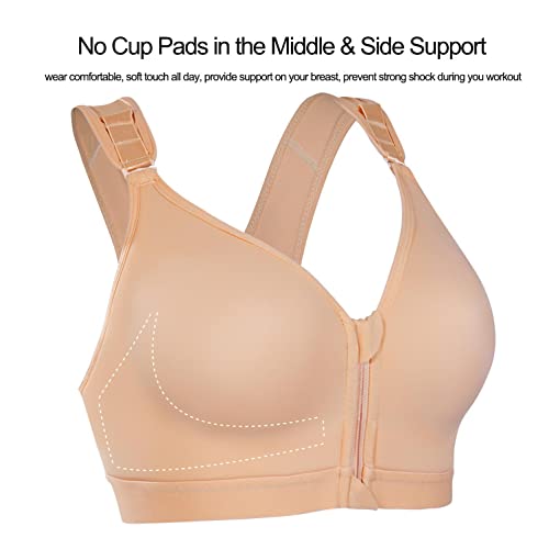 Brabic Women Post-Surgical Sports Support Bra Front Closure With Adjustable Straps Wirefree Racerback (Beige With Zipper, L (Fit For 36B 36C 36D 38A)) #TOP3