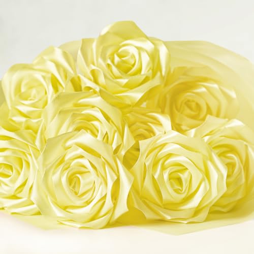 Image of Mauproy 1-1 /2 Inch Wide Baby Maize Satin Ribbon, 50 Yards Light Yellow Solid Polyester Fabric Ribbon for Roses Making, Gift Wrapping, Flower Bouquets, Wedding Decorations, Handmade Crafts