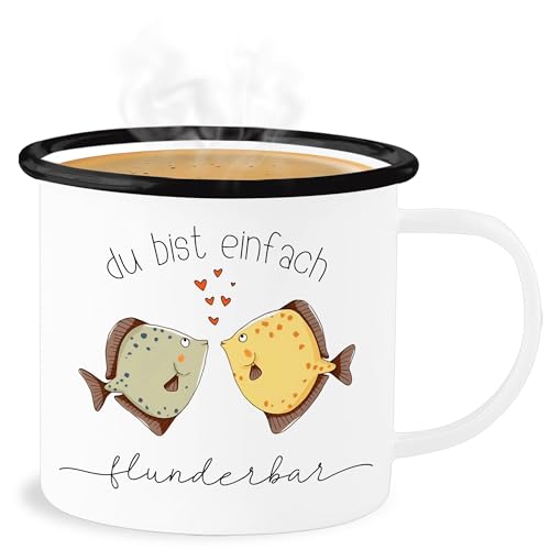 Emaille Becher Blechbecher - Tassen - Du bist einfach flunderbar I Pärchen Geschenke Spruch Flunder Kompliment I Liebeserklärung Geschenk Freundschaft I Paar Geschenke - 300 ml - Weiß Schwarz