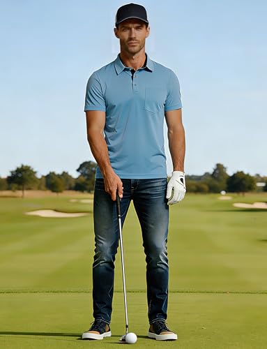 Polo para Hombre Casual de Seda con Manga Corta, Clásico, Estilo Empresarial, Cuello con Solapa, Bolsillo, Camiseta para Golf miniatura 5