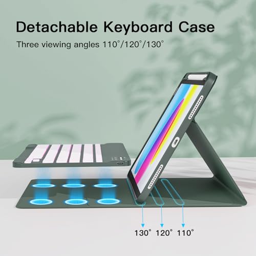Image of RAYMCRAFT for iPad 11th (A16, 2025) / 10th Generation Case with Keyboard, Mouse and Detachable Wireless Keyboard, 7-Color Backlight, Slim Case with Pencil Holder, Dark Green