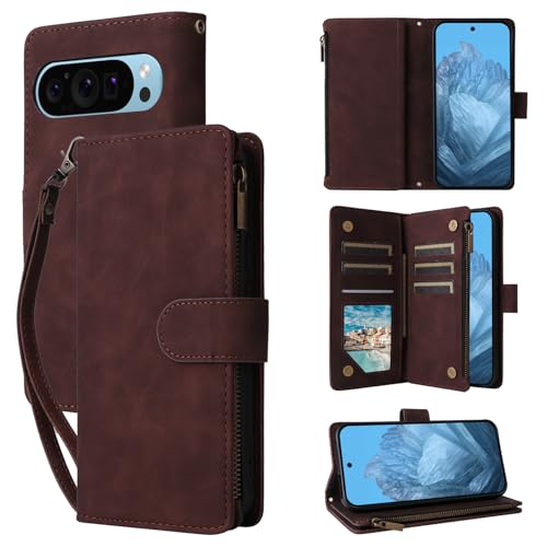 Housse de protection magnétique Google Pixel 9 Pro avec 6 porte-cartes et poche zip
