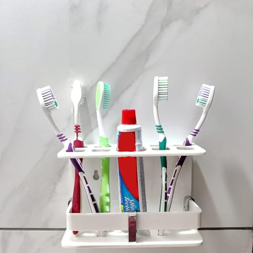 Image of Wall Mounted self Adhesive Acrylic Tooth Brush /Toothpaste Holder /Stand /Tumbler /Toothpaste for Bathroom Stand Organizer Rack for Home (Acrylic Stand) (Bih White)