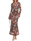 ZESICA Women's Long Sleeve Floral Bodycon Dress 2026 Spring Fall Ruched Mesh Wedding Guest Cocktail Party Maxi Dresses, Floral Black, M