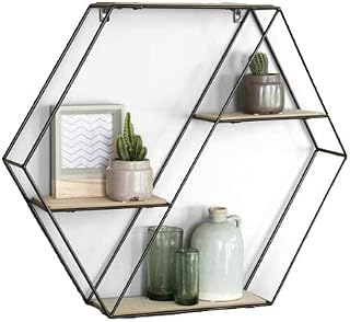 HOMION Floating Hexagonal Shelves | Metal & Wood Decorative Round Wall Storage | Modern Wall Mounted Multi-Display Shelf | Fixings Included | (3 Tier)