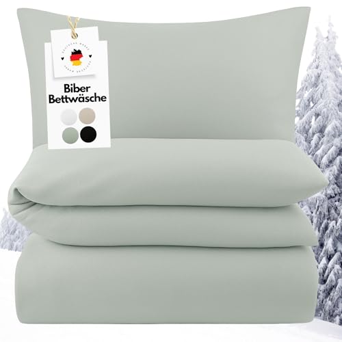 Carpe Sonno Biber Bettwäsche 135x200cm Salbeigrün [Made in Germany] - 100% Baumwolle - Set 2 teilig Kissen und Decke | Flanell Bettwäsche 135x200...