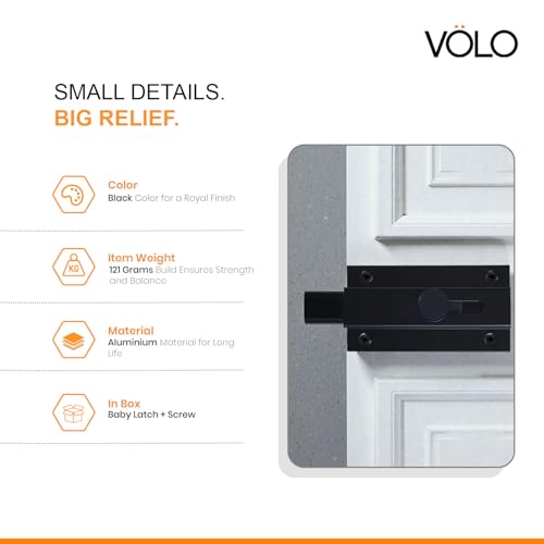Image of VOLO Heavy Duty Door Lock Baby Latch for Home & Office Doors | Door Latch /Chitkani | Aluminum Ingot Build | Waterproof & Rust Resistant | 1 Year Warranty |1 Piece with Screws (Black, 5 Inch)