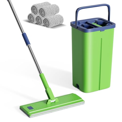 Eukue Juego de Fregona, Mopa Microfibre con Cubo Escurridor, Mopas de Limpieza Suelos con 5 Almohadillas Reutilizables y Mango de Acero Inoxidable, Apto para Baldosas y Suelos de Madera, Verde