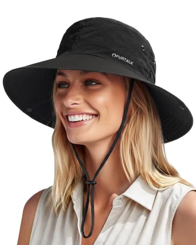 FURTALK Sun Hats for Women Ponytail UV Protection Beach Summer Hat Wide Brim Packable Cowboy Hat Pure Black