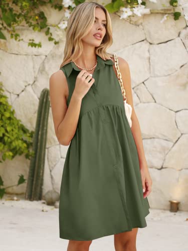 Deep Self Women Summer Collared Shirt Dress Casual Loose Button Down Short Dress V Neck Tunic Mini Dress With Pockets Dark Green #TOP5