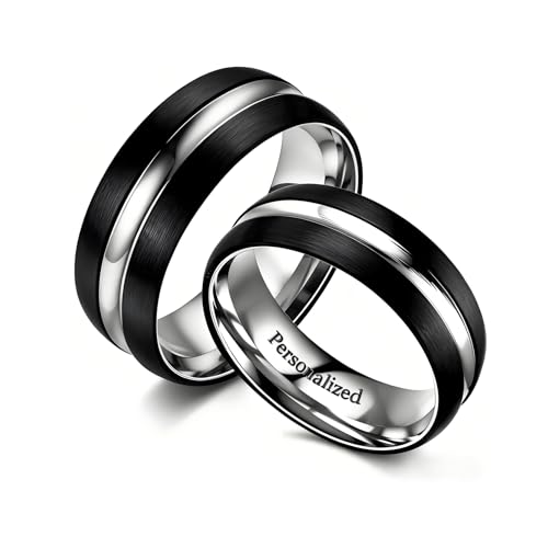 Ihanskio Anillo Personalizado Para Pareja De Anillos De Patrón De Rayas Azules En El Interior Puede Grabar Anillos De Compromiso De Boda De Promesa (Black, Custom)