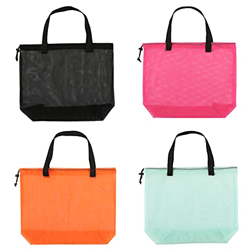 Image of 4Pieces Cute Mesh Pool Tote Bags,Mesh Beach Bags With Drawsting For Swim,Travel,Party, Color, 16.5Wx15Lx4.3H