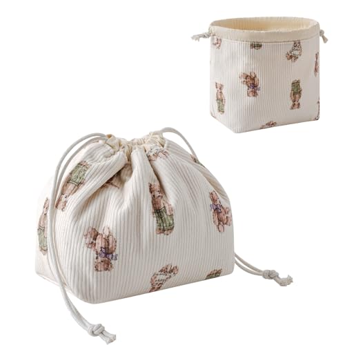 Aesthetic Corduroy Drawstring Makeup Bag, Cute Coquette Drawstring Cosmetic Bag with Canvas Lining, Bear Pattern Travel Makeup Organizer Case for Women Girls (05 Great Bear)