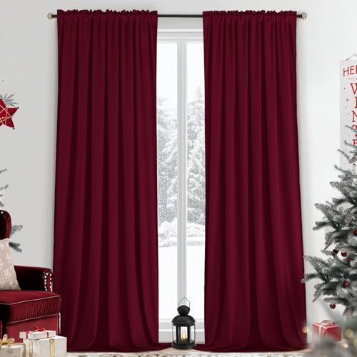 Yakamok Velvet Curtains 84 inches 2 Panels - Luxury Room Darkening Wine Red Curtains for Bedroom Living Room Thermal Insulated Super Soft Window Drapes Rod Pocket, Wine Red, W52 x L84 inches