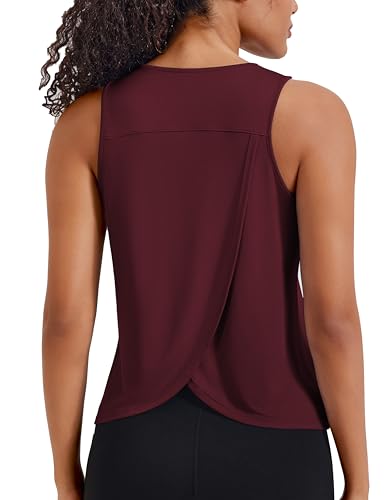 PINSPARK Workout Tank Tops for Women Sleeveless Sport T-Shirt Gym Running Top Athletic Vest Racerback Yoga Shirts Open Back Wine red M
