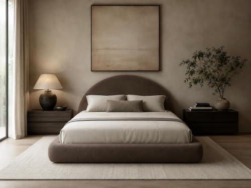 Image of Round Bed - Washable Zip Cover - Upholstered Linen Soft Foam -Modern Modular Minimalist - Semi Circle Moon - Sold Separately (Brown Linen, King Base)