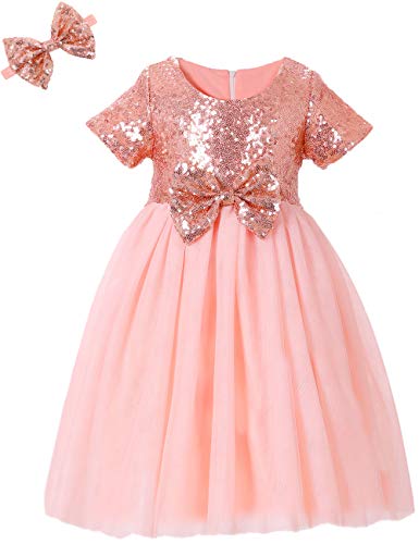 Cilucu Flower Girls Dresses Toddlers Sequin Tutu Dress for Big Girls Pegeant Party Kids Birthday Dress for Wedding Princess Dress Christmas Halloween Dress Rose Gold Blush Pink 7-8 Years Old