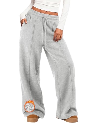 MIROMIHO Womens Wide Leg Sweatpants Fleece Lined Baggy Pants Drawstring Athletic Joggers Fashion Winter Outfits Grey
