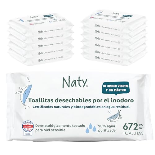 Naty toallitas WC para bebés y niños | De origen vegetal con 98% agua purificada | Para piel sensible | Aprendizaje para ir al baño | Biodegradables en agua | Sin plástico ni perfume | 672 unidades