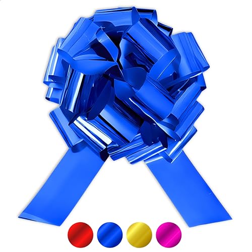 Üka • Lazo de Regalo Gigante. Diámetro de 40 cm. Lazo Grande para Regalo en Azul Metalizado. Lazo de Regalo XXL para Coche, Bicicleta y Moto. Montaje Fácil y Reutilizable.