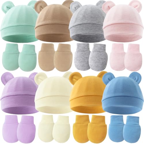 Custom Embroidery Baby Hats with Name,Personalized Baby Hats and Mittens,Infant Newborn Cotton Beanie Gloves No Scratch Set4