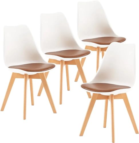 Image of Set of 4 Modern Style Mid Century Modern Dinning Room Cafe Hotel Office Wooden Legs Chair (White with Brown Seat)
