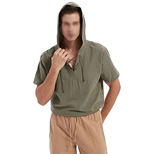 JEsilunmaMY Men's Cotton Linen Hippie Hooded Shirts Short Sleeve V Neck Lace Up Beach Shirt Solid Loose Yoga Henley Shirts (US Size M Asia L,Army Green)