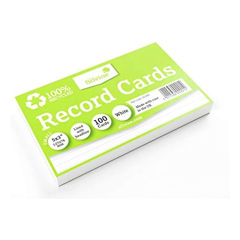 Silvine 5x3" 100% Recycled Flash Cards - Lined (100 Cards) White Cover