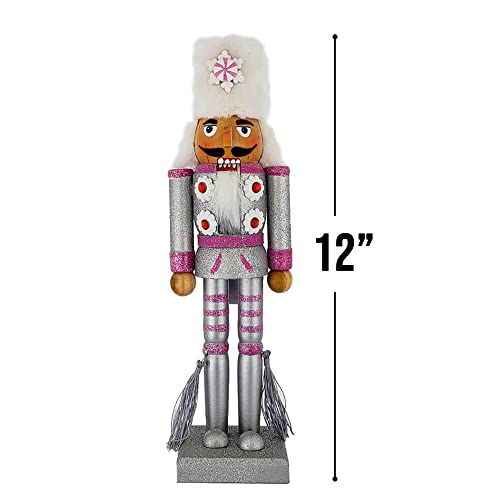 Nutcracker Ballet Gifts, Soldier Nutcracker Christmas Ornaments, Wooden Figure Decoration With Fun Glittery Silver And Pink Uniform For Holiday Home Decor, Ideal Xmas Ornament, Large, 12 Inch #TOP1