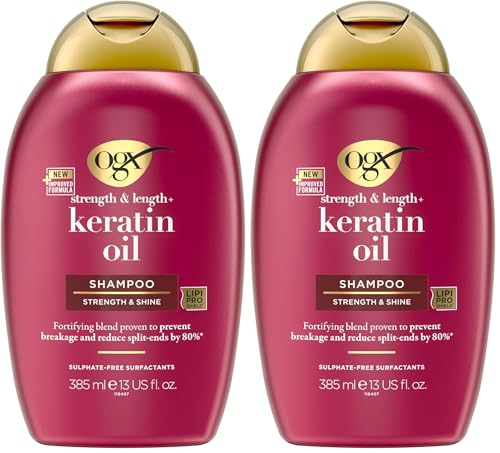 OGX Strength & Length + Keratin Oil Shampoo (385 ml), champú fortificante con proteínas de keratina y aceite de argán, tensioactivos sin sulfatos, para pelo dañado (Paquete de 2)