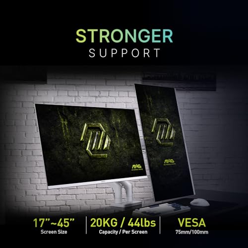 Image of MSI MAG MT201DW - Premium Heavy Duty Dual Monitor Stand Arms, 17-45 inch Support, VESA Compatible, Adjustable Spring Assisted Mount, 44 lbs per Screen, Clamp & Grommet, Quick Release Plate - White