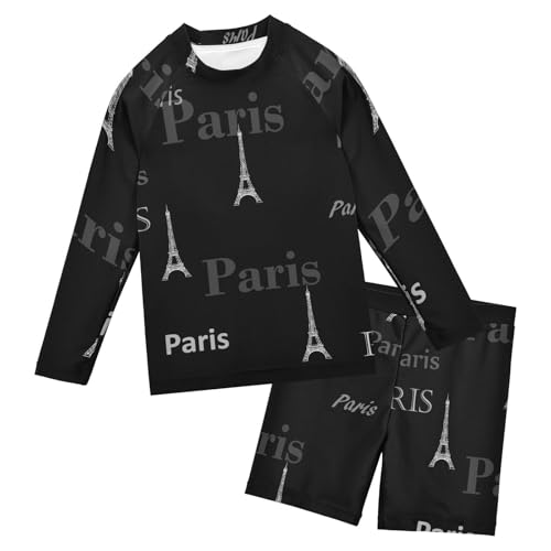 Aflyko Kids' Bathing Suit Set Paris Eiffel Tower Cute Long Sleeve Swim Tops with Shorts Summer Vacation Pool Party Rashguard Fun Cute Infant Beachwear, 4T Multicoloured