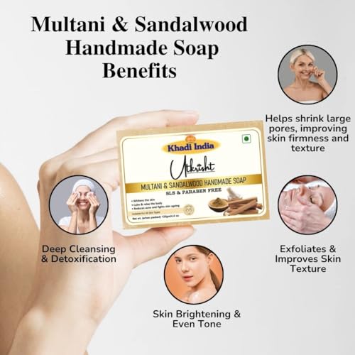 Image of Khadi Multani & Sandalwood Handmade Bathing Soap Bar 125g (Pack of 5) | Natural & Herbal | Hydrating, Glowing & Brightening | For Skin Pores & Wrinlees | All Skin Types | For Men & Women