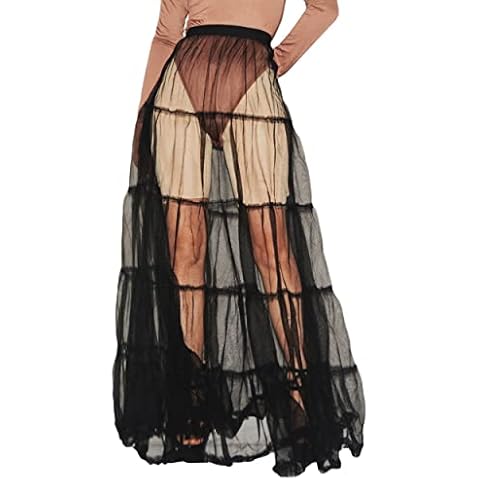 YSJERA Women's Mesh Layered A-Line Long Skirt Bridal Wedding Party Swing Skirts (Solid Black,S) Cover