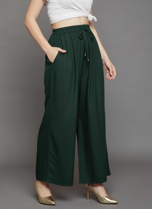 Image of Super Soft Viscose Rayon Flared Palazzo Pants for Women Stylish Wide Leg Straight Relaxed Fit Casual Ethnic Office Wear