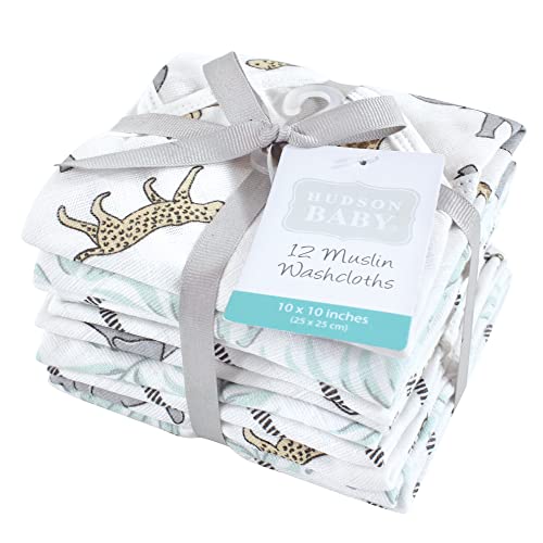 Image of Hudson Baby Unisex Baby Cotton Muslin Washcloths, Modern Neutral Safari, One Size