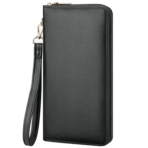 Image of Chelmon Women's Vegan Leather Clutch Wallet with Zip, Hand Strap, Large Capacity, Napa Black, Wristlet