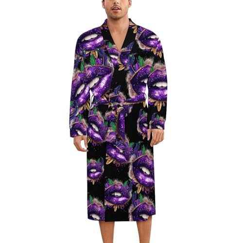 Mardi-Gras Glitter Lips Soft Robe Long Sleeve Bathrobes V Neck Sleepwear Spa Robes with Belt Men Woman